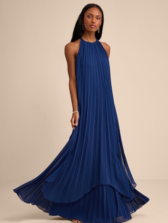 Lulus Dresses & Skirts - Lulus Dorala Dark Blue Pleated Lace-up Tiered Maxi Dress - Size L